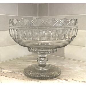 Vintage Round Crystal Pedestal Bowl, Sawtooth, Scalloped Edges, Striped Pattern